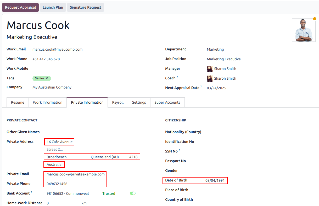 Employee private information tab for the Australian payroll localization.