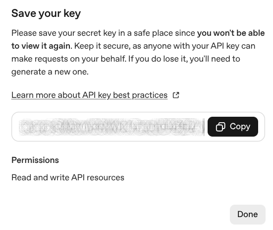 The popup displaying the newly created OpenAI key.
