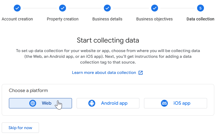 یک پلتفرم برای property Google تحلیل‌ها خود انتخاب کنید.