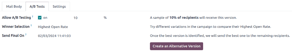 تب آزمون‌های A/B با چک‌باکس «Allow A/B Testing» تیک‌خورده برای ایجاد یک نسخهٔ جایگزین.