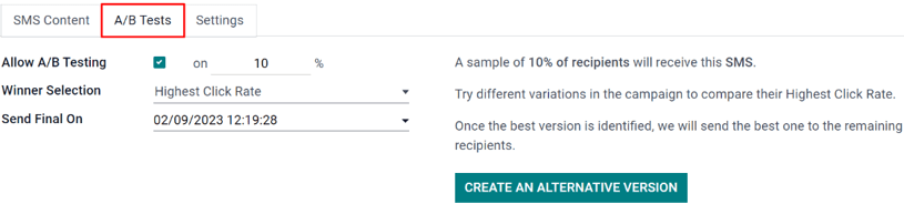 تب آزمون A/B در فرم کمپین اپلیکیشن بازاریابی پیامکی Odoo قرار دارد.