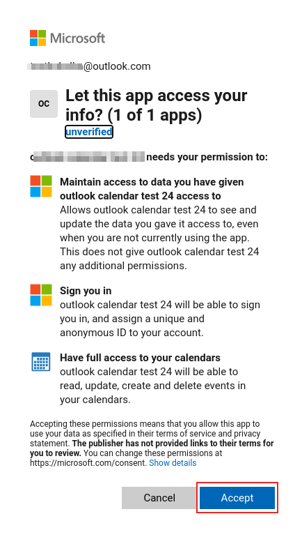 فرایند احراز هویت در صفحهٔ OAuth Microsoft Outlook.