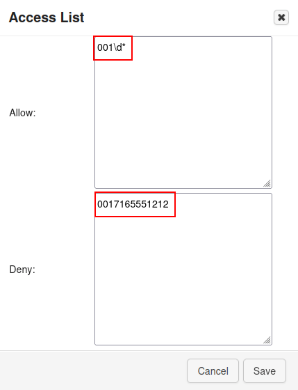 پیکربندی عنصر فهرست دسترسی با برجسته‌سازی فیلدهای allow/deny.