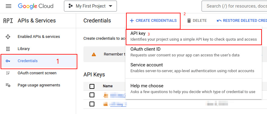 ایجاد یک API key در کنسول Google API.