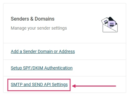 پیوند SMTP and Send API Settings در بخش Senders & Domains در Mailjet.