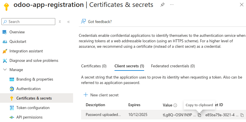 افزودن یک secret به یک اپ Microsoft Azure
