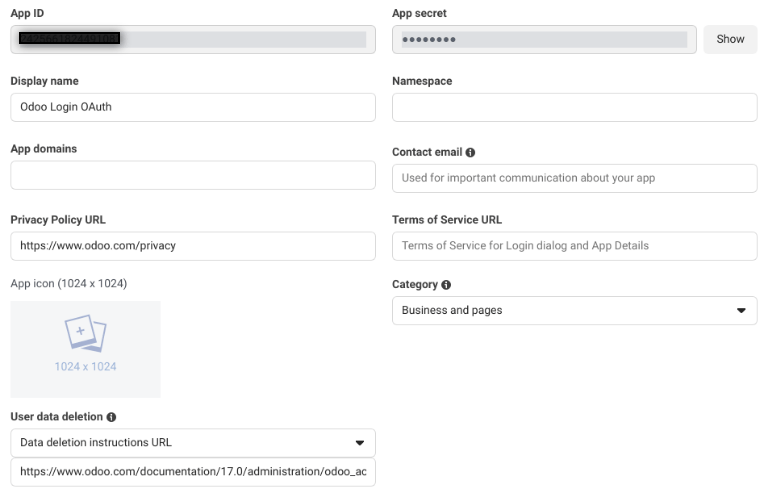 نمونه‌ای از صفحهٔ Basic Settings در پلتفرم Meta for developers.