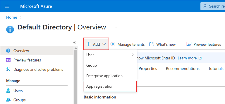 صفحهٔ مدیریت Microsoft Azure با منوی + Add و App Registration برجسته‌شده.