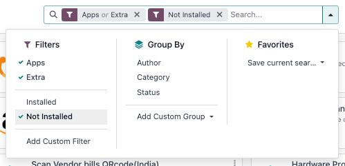 افزودن فیلتر «Extra» در Odoo Apps.