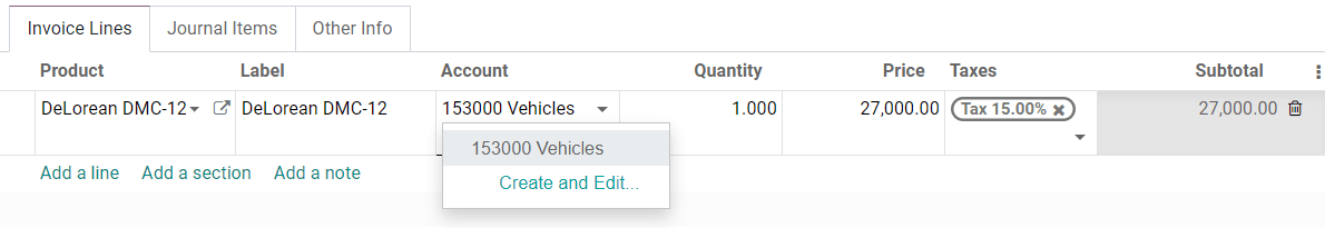 انتخاب یک حساب دارایی‌ها روی یک صورتحساب draft در Odoo Accounting