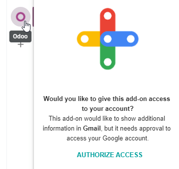 دکمهٔ Authorize Access در نوار کناری راست پنل پلاگین Odoo.