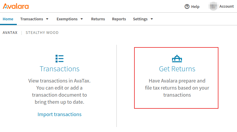 پورتال Avalara با shortcut returns برجسته‌شده.