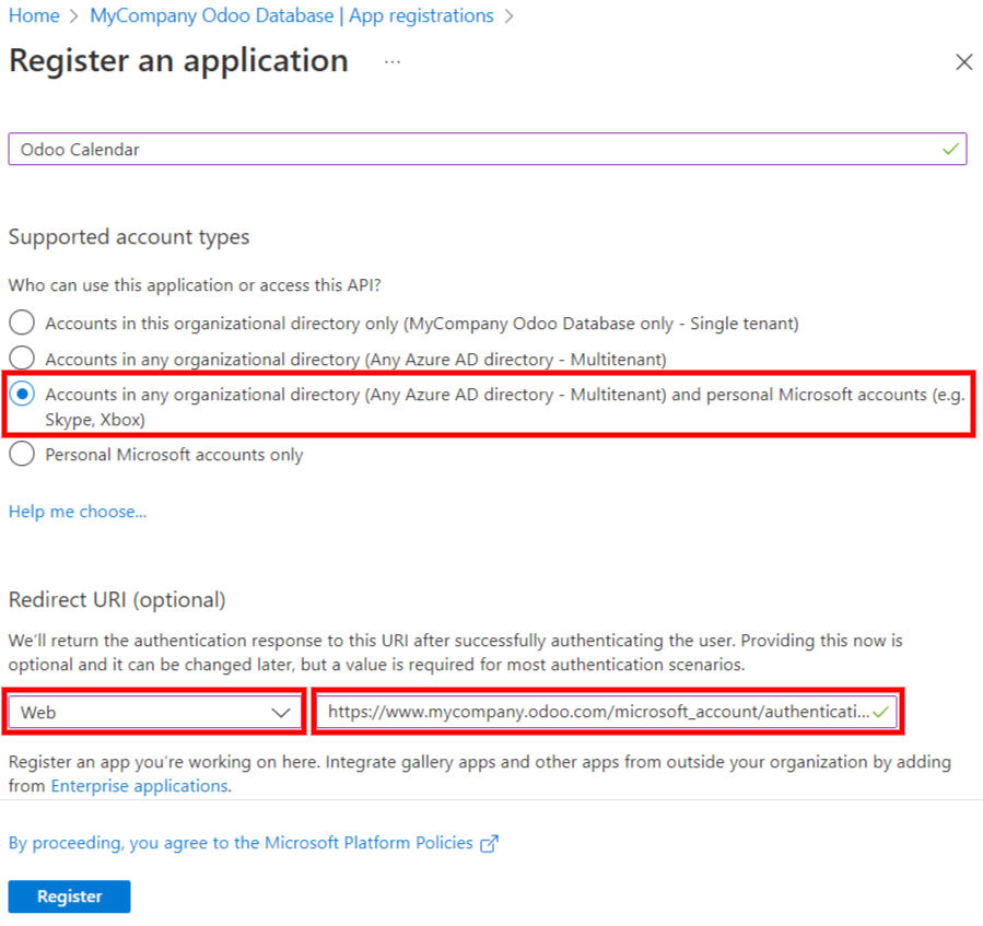 تنظیمات «نوع حساب پشتیبانی‌شده» و «Redirect URI» در پورتال Microsoft Entra ID.