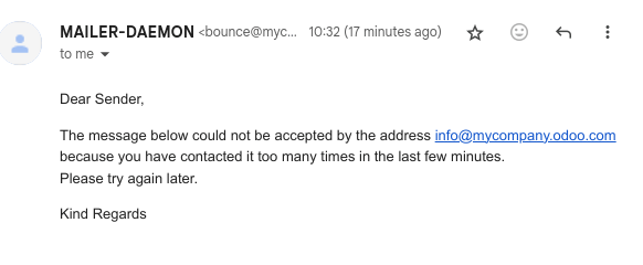 ایمیل bounce دریافت‌شده پس از تلاش برای تماس بیش از حد با یک alias.