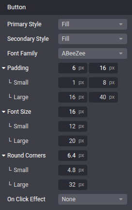 تنظیمات دکمه padding، font size و round corners