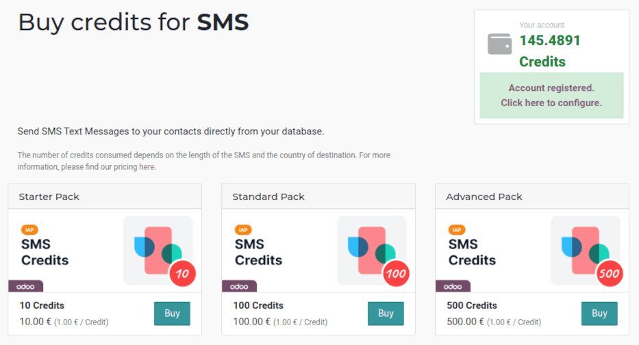 صفحهٔ خدمت SMS در IAP.Odoo.com با چهار بستهٔ اعتبار در دسترس برای خرید.