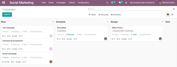 نمایی از صفحهٔ کمپین‌ها در اپلیکیشن Odoo Social Marketing.