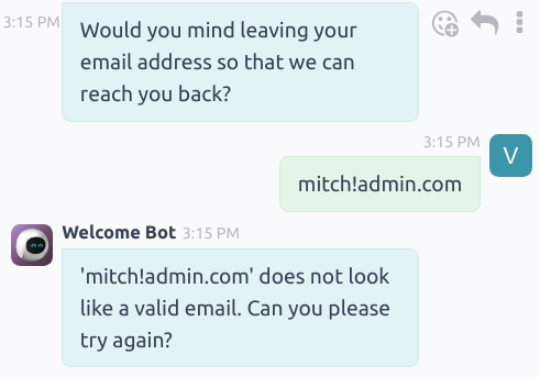 نمای یک chatbot که به یک ایمیل نامعتبر پاسخ می‌دهد.