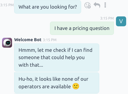 نمای پیام‌های پیگیری chatbot وقتی هیچ operator live chat در دسترس نیست.