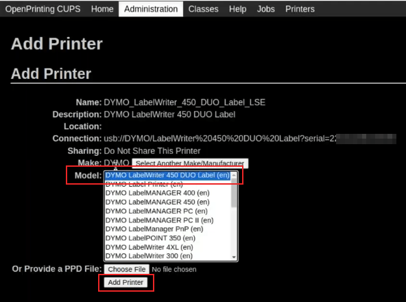 صفحهٔ انتخاب مدل در کنسول OpenPrinting CUPS با مدل و افزودن چاپگر برجسته شده.