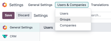 منوی Groups در بخش Users & Companies در اپ Settings در Odoo.
