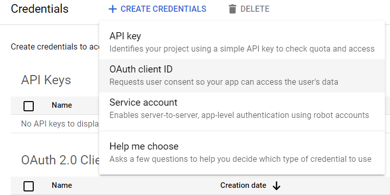 انتخاب OAuth client id.