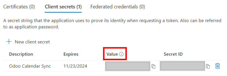 توکن «Client Secret» برای کپی از Microsoft به Odoo.