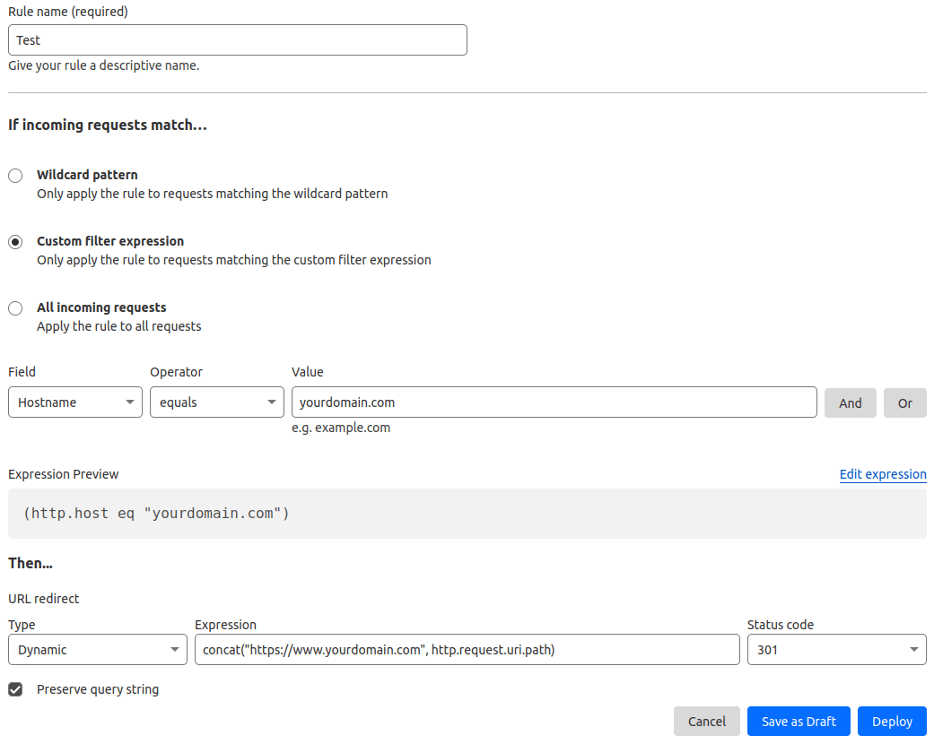 تعریف یک قاعده redirect Cloudflare برای ایجاد یک redirect دائمی (301)