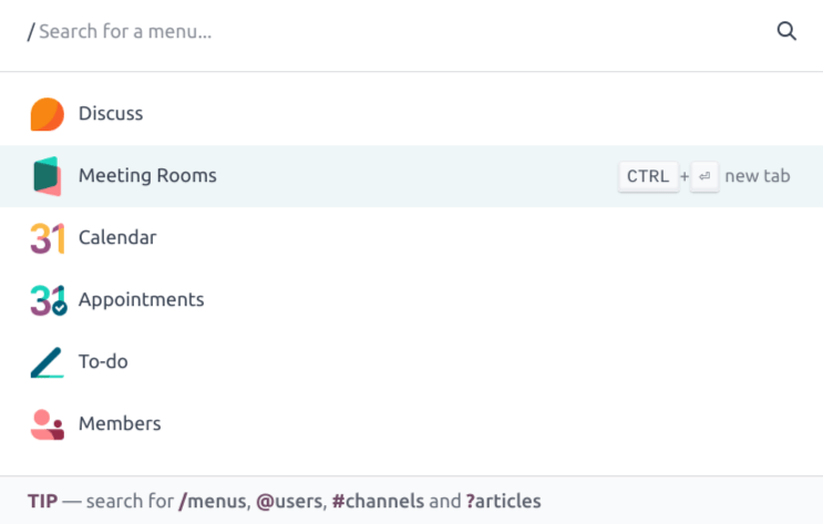 command palette در Odoo، با گزینهٔ منو search انتخاب‌شده.