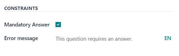 بخش Constraints در تب options در Odoo Surveys.