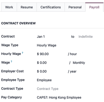 The Contract Overview section under the Payroll tab.