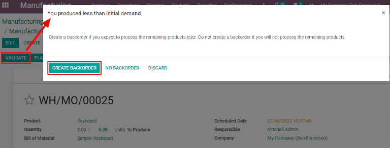 دکمهٔ Create Backorder در پنجرهٔ بازشوی «You produced less than initial demand».