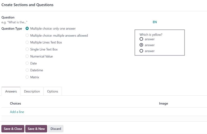 فرم بازشوی ایجاد بخش‌ها و سؤالات در Odoo Surveys.