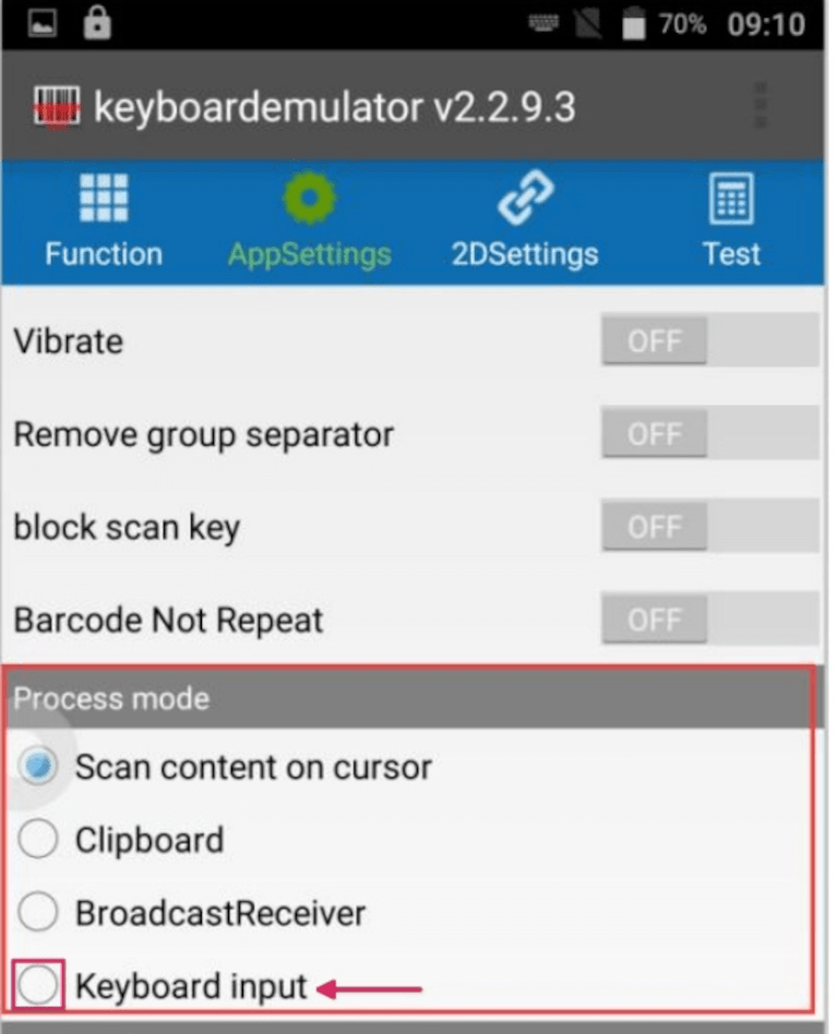بخش Process mode در صفحه AppSettings اسکنر MUNBYN.