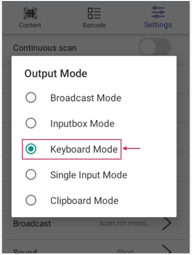 پنجره بازشوی Output mode روی اسکنر MUNBYN.