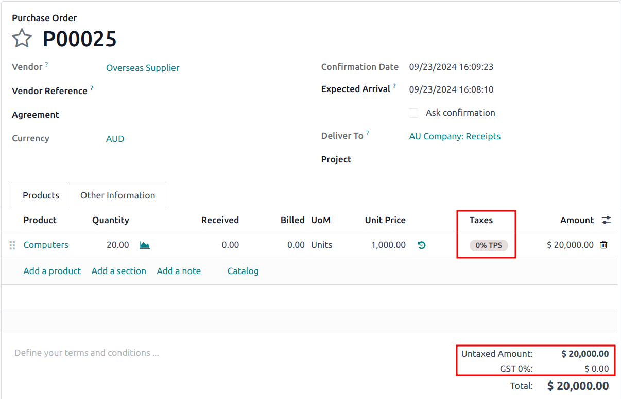 تنظیم مالیات 0% TPS روی یک سفارش خرید