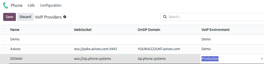 تنظیمات پیکربندی DIDWW در اپ *Odoo Phone*.