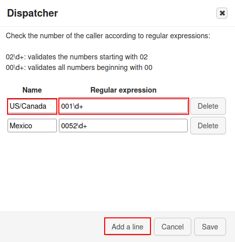 پنل پیکربندی Dispatcher، با هایلایت‌شدن name، regular expression و add a line.