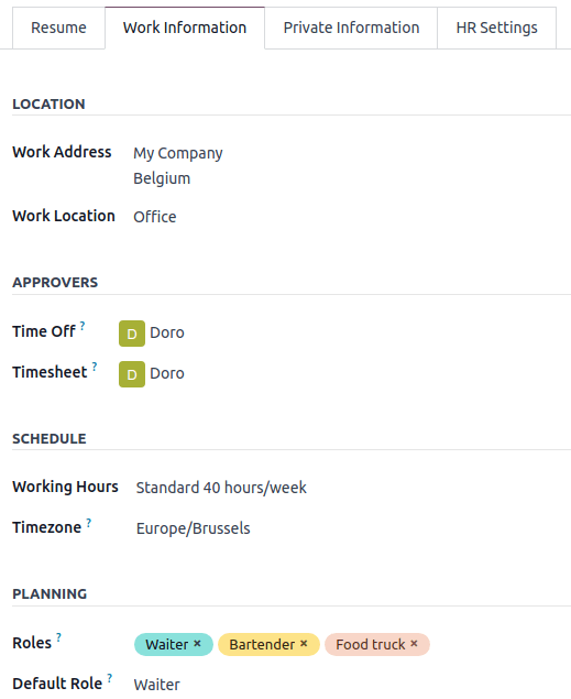 پروفایل کارمند و زبانهٔ work information.