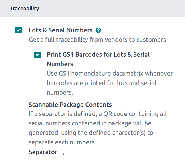 تنظیمات انبار با تیک خوردن «Print GS1 Barcodes for Lots & Serial Numbers».