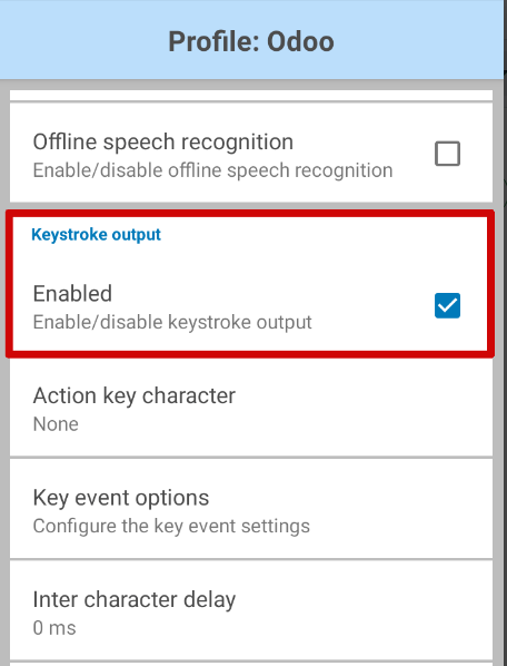 نمایش گزینه keystroke در برنامه DataWedge اسکنر Zebra.