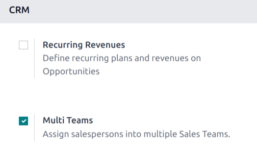 صفحهٔ تنظیمات اپلیکیشن CRM با فعال بودن تنظیم Multi Teams.