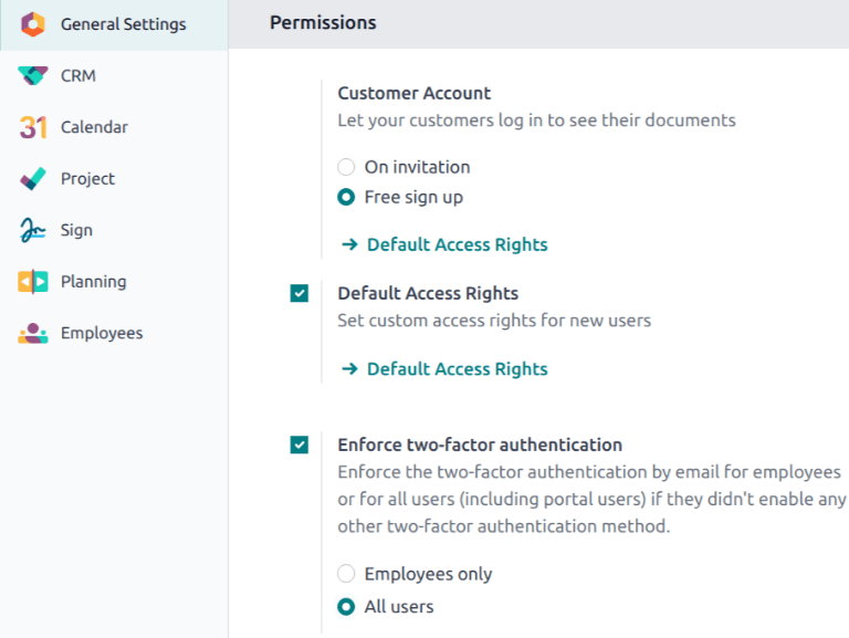 تنظیم enforce two factor در اپلیکیشن Settings.