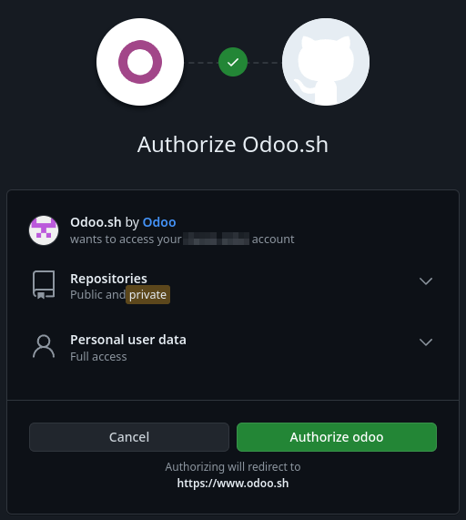 اعطای مجوزها به Odoo.sh برای انجام اقدامات و دسترسی به داده‌ها در GitHub