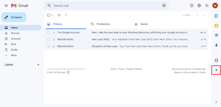 آیکون به‌علاوه در پنل کناری صندوق ورودی Gmail.