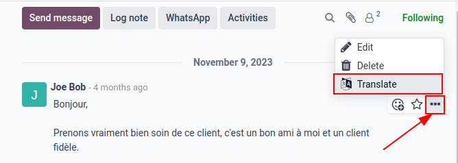 Google Translate حاضر در چتر یک پایگاه دادهٔ Odoo.