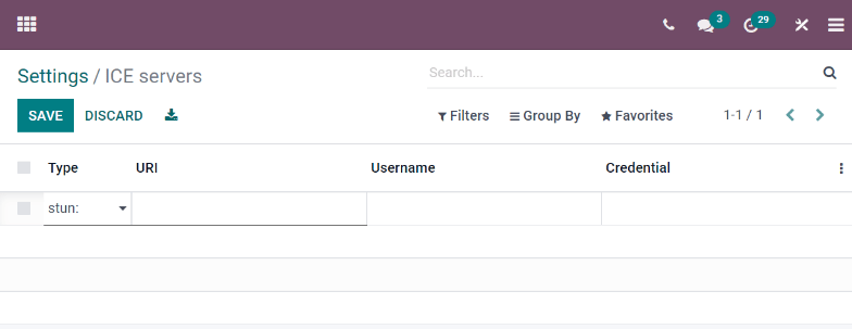 صفحهٔ «ICE servers» در Odoo.