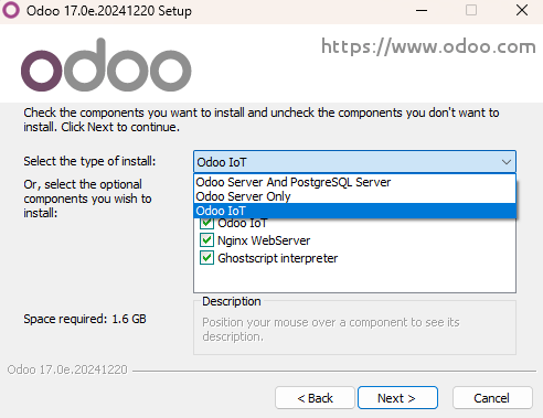 انتخاب "Odoo IoT" در طول نصب Odoo Community.