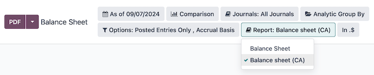 انتخاب گزارش Balance sheet برای بومی‌سازی CA در Odoo.