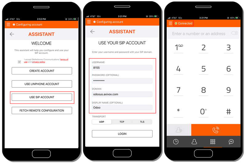 راه‌اندازی حساب Linphone، ثبت‌نام موفق.